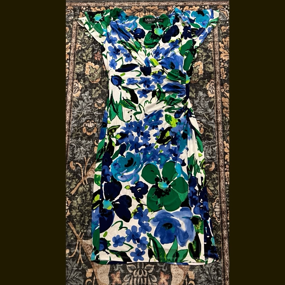 Lauren Ralph Lauren Cannes Blue Floral Flutter Sleeve Matte Jersey Dress Size 2